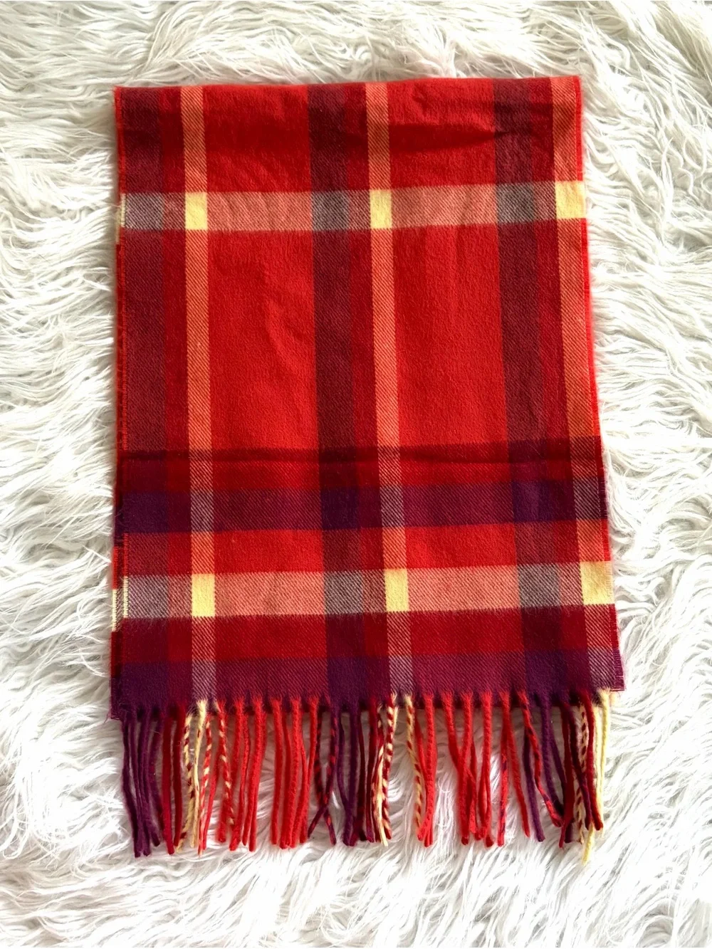 NWOT 100% Cashmere Scarf Made in Scotland Red Purple Plaid Fringed Tartan Unisex